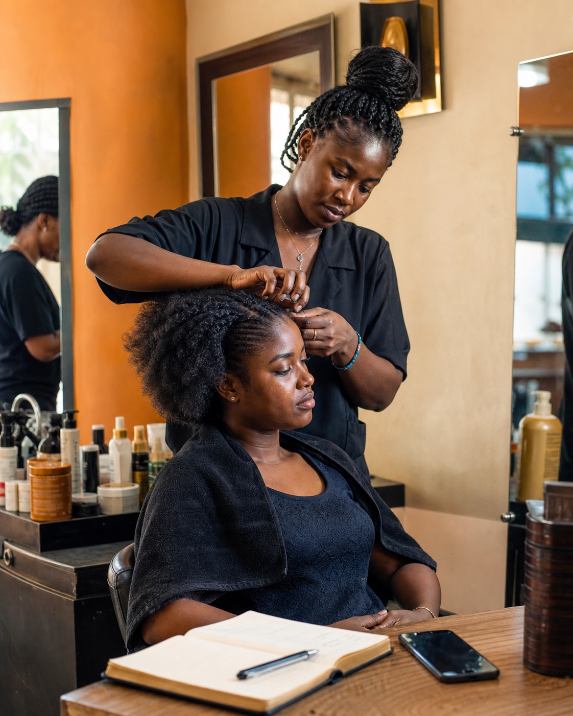 Coiffeuse sénégalaise au travail dans son salon